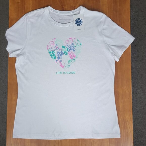 NWT Life Is Good White Crew Neck Short Sleeve Tee Flip Flop Heart - L - Picture 5 of 12